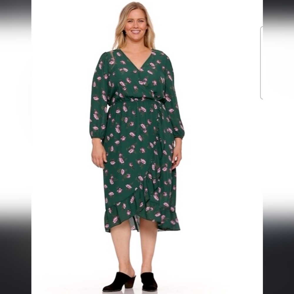 Old Navy Waist Defined Faux-wrap Georgette Dress, Green Floral, 3X
